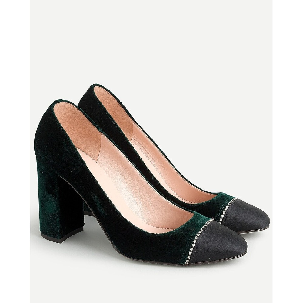 J. Crew Green Velvet Cap Toe Block Heel Pumps Crystal Embellished Size 9 Italy
